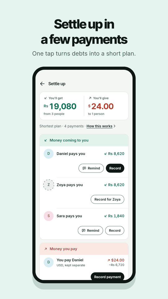 Settle up: a short plan of payments, with Remind and Record
